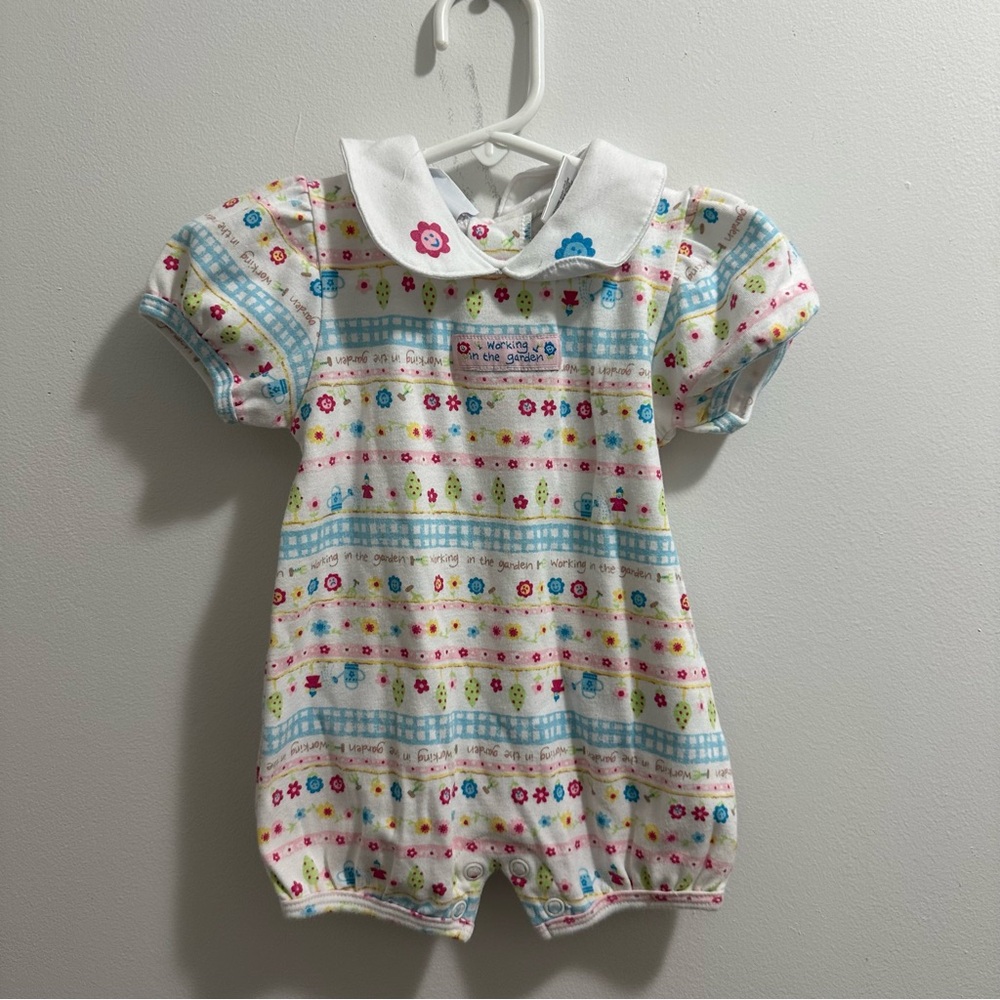 Vtg Y2K Small Steps Floral Bubble Romper Size 0-3M Peter Pan Collar Puff Sleeve